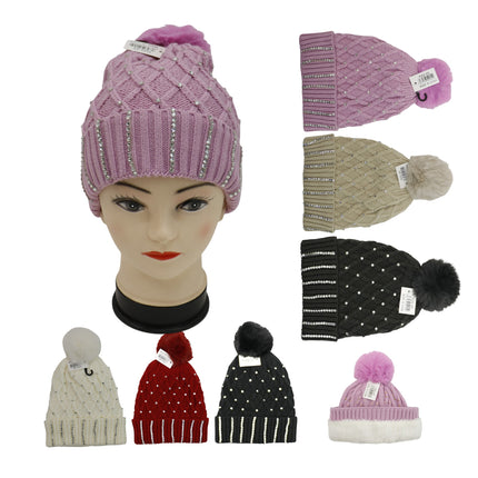 Pom Pom Rhinestone Decor Beanie H20-45 (12PC)