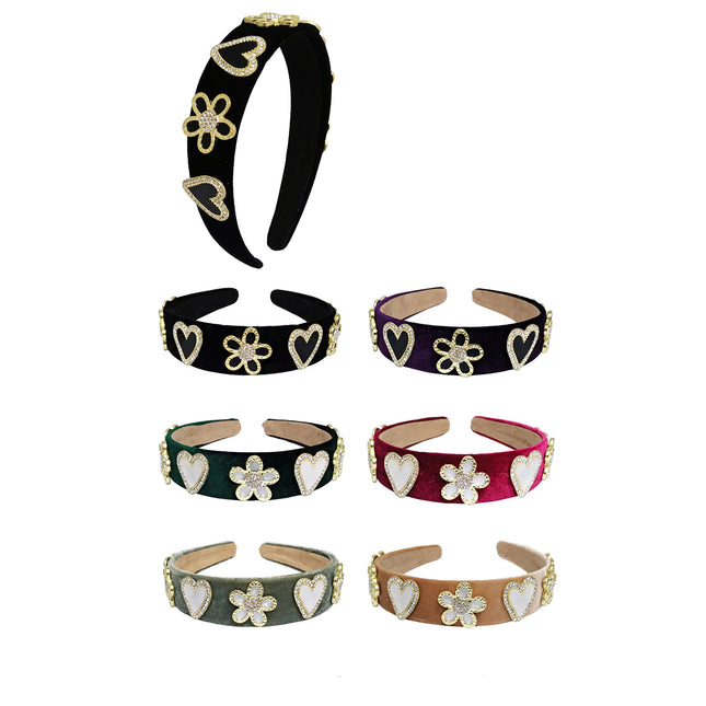 Heart Flower Charm Velvet Headband HB21027-16 (12PC)