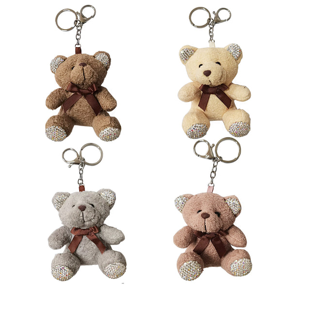 Rhinestone Ribbon Bear Plush Keychain KC21030-3 (12PC)