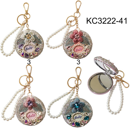 CRYSTAL FLOWER PEARL STRAP MIRROR KEY CHAIN KC3222-41 (12PC)