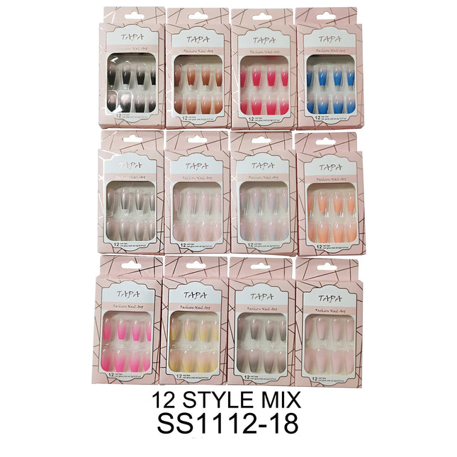 MULTI COLOR LONG SQUARE FAKE NAIL SET 1112-18 (12PC)