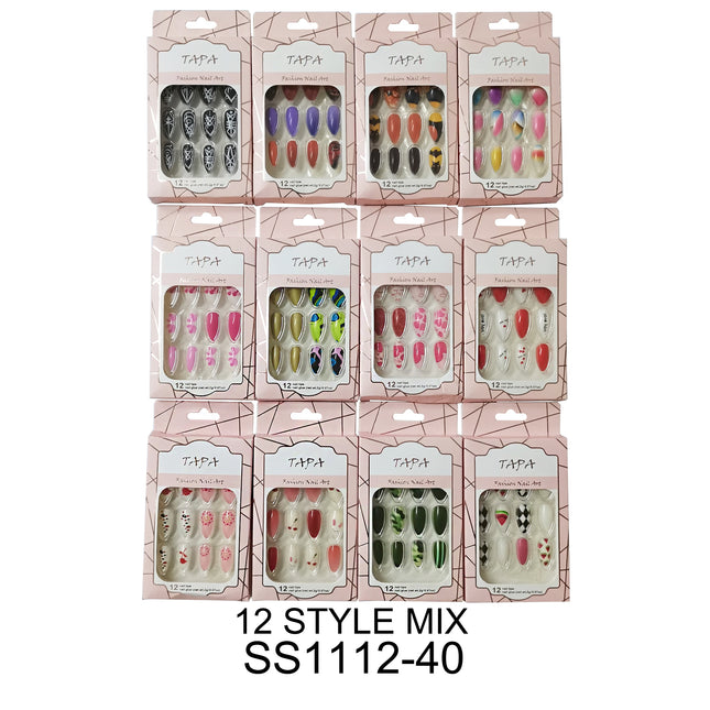 MULTI DESIGN ALMOND FAKE NAIL SET 1112-40 (12PC)