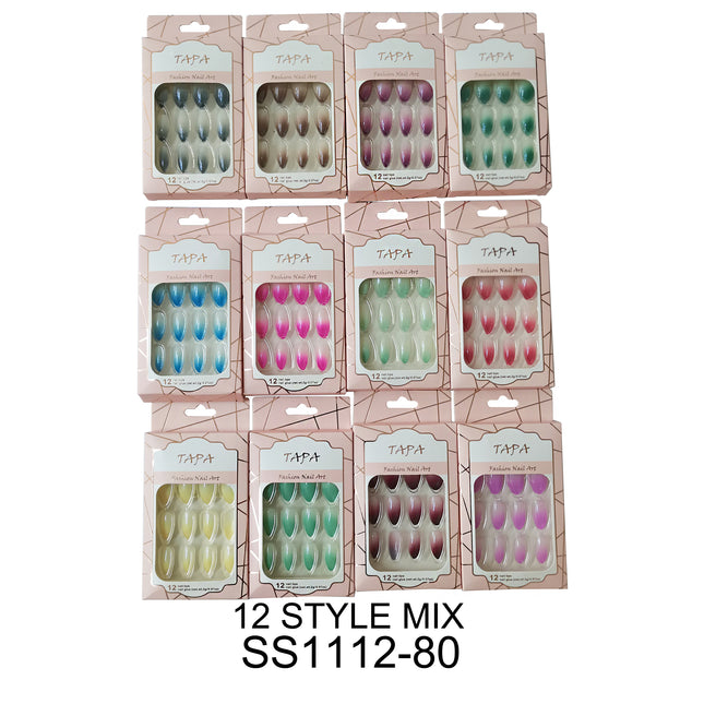 MULTI COLOR ALMOND FAKE NAIL SET 1112-80 (12PC)